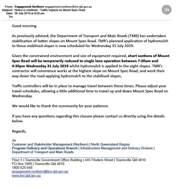 URGENT: TMR Range Road Update for 31 July 2019 – Paluma – our village ...